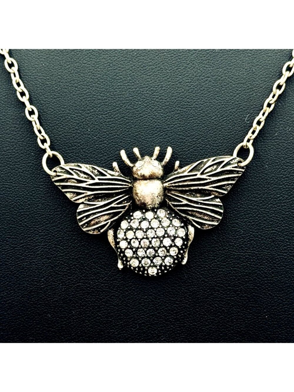 Bee Pendant Statement Necklace Antiqued Silver Tone Rhinestones 34"